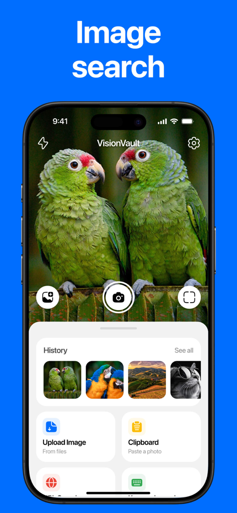 Lens: Reverse Image Search - Main interface of the Lens reverse image search app showing search history and upload options
