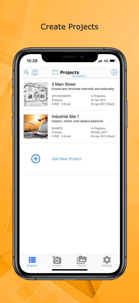 Site Report Pro app interface displaying a project list for construction and site audits on a mobile device.