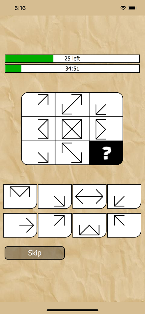What is my IQ - A logic pattern matching question on a mobile screen featuring an arrow grid and multiple choice options