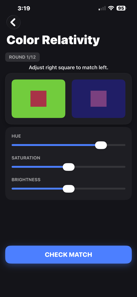Screenshot of the Color Theory Studio app showing a color relativity challenge with sliders for hue, saturation, and brightness