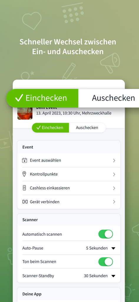 Entry - Oberfläche der Entry-App, die Einstellungen für den Event-Check-in und den Ticket-Scanner anzeigt