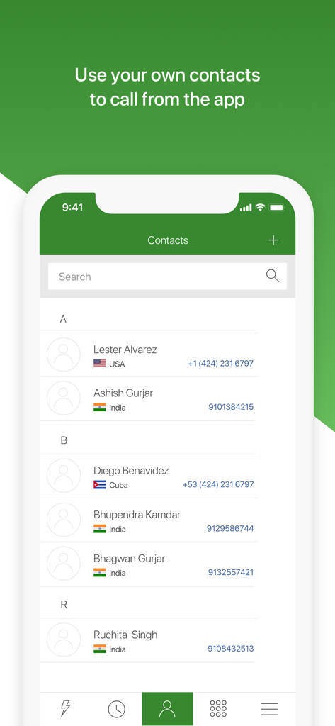 A screenshot of the CallIndia app displaying a contact list for making international calls.