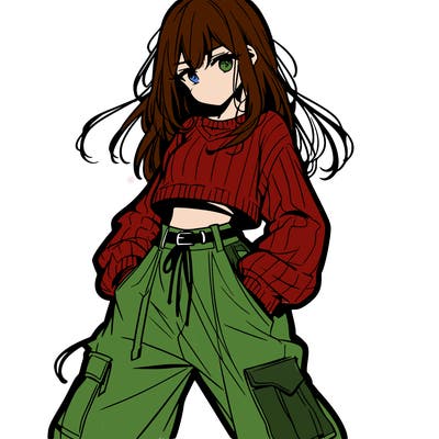 anime teen girl with baggy pants and crop top with sweater