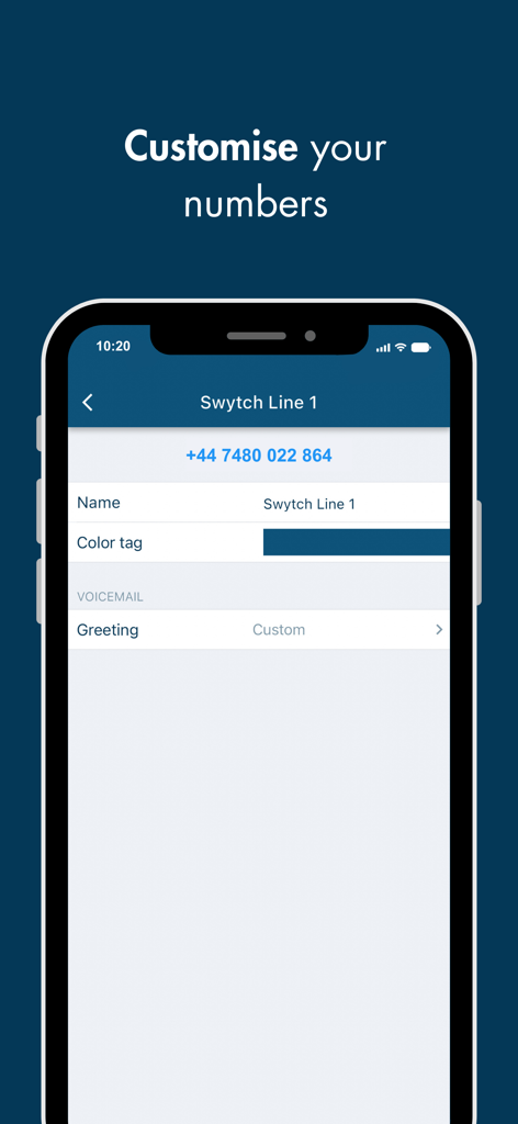 Swytch - Multiple numbers - Smartphone screen showing customization options for virtual business phone numbers including name tags and custom voicemail greetings