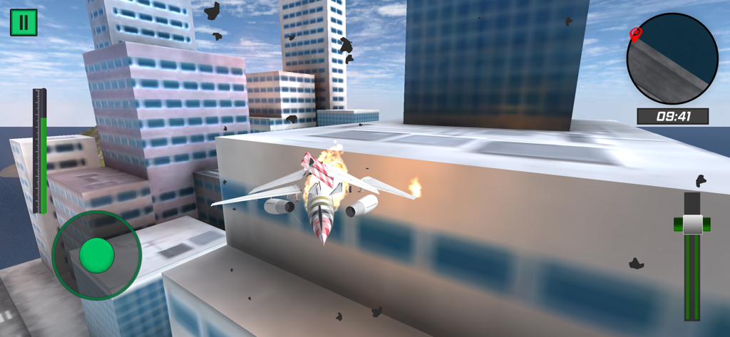 Plane Simulator Crash Landing - Un avión en llamas volando a través de una ciudad en un juego de simulación de aterrizaje forzoso