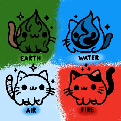 4 cats that represent the different elements, earth, water, air, and fire