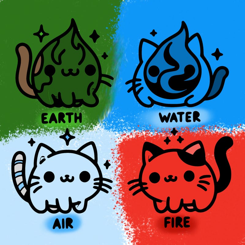 4 cats that represent the different elements, earth, water, air, and fire