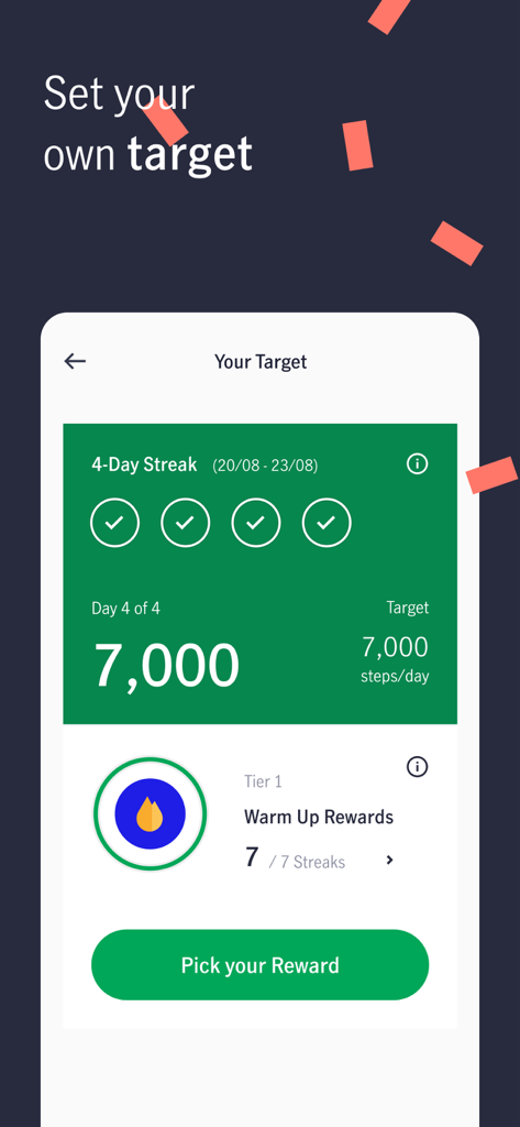 ManulifeMOVE app screen showing a completed four day streak of seven thousand steps per day and a button to pick a reward