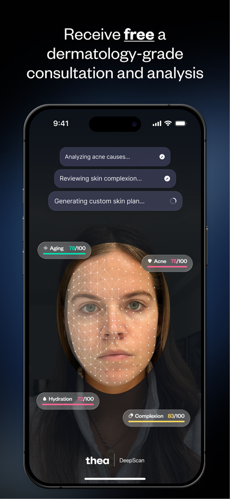 Thea - Start Your Glowup - Smartphone displaying Thea app's AI facial analysis with skin scores for aging, acne, and hydration.
