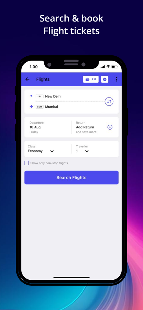 Pantalla de la aplicación móvil Canara ai1 para buscar y reservar vuelos entre Nueva Delhi y Mumbai