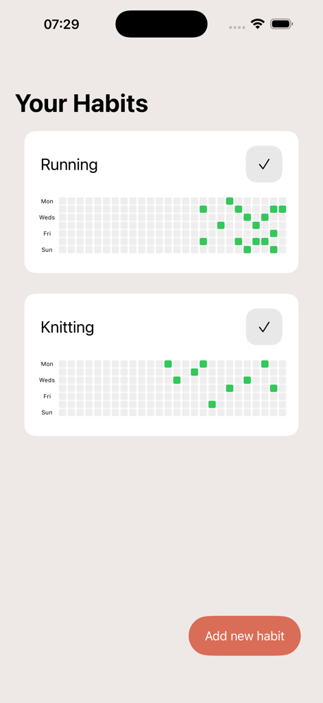 Minimalist habit tracking interface showing progress grids for running and knitting