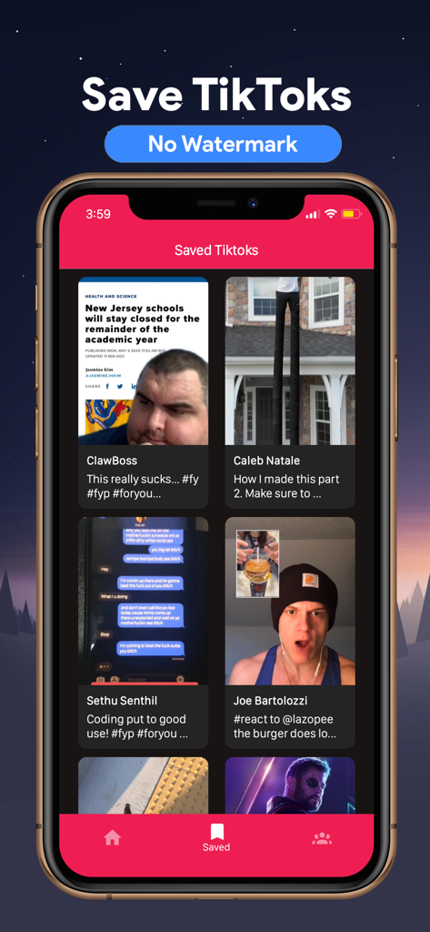 Schermata dell'iPhone che mostra la libreria dell'app SaveTok con video salvati e nessuna sovrapposizione di testo watermark