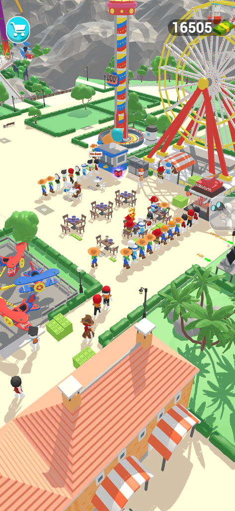 Dream Park : Wonderland Tycoon - Vista cenital de un bullicioso parque de atracciones con una noria e invitados en Dream Park Wonderland Tycoon