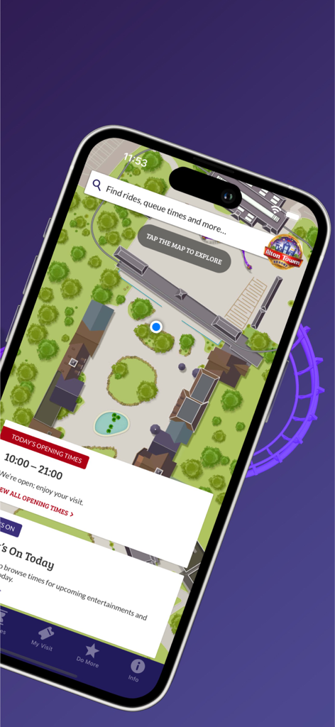 A interface do aplicativo oficial Alton Towers Resort mostrando um mapa interativo do parque e os horários de funcionamento de hoje.