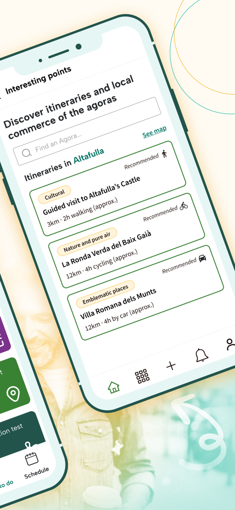 eAgora - eAgora mobile app interface showing a list of local cultural and nature itineraries for community exploration
