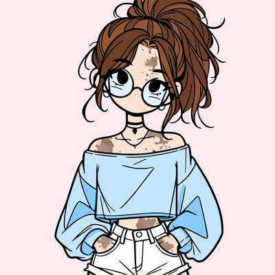 girl with a messy ponytail glasses a baggy crop top and jean shorts