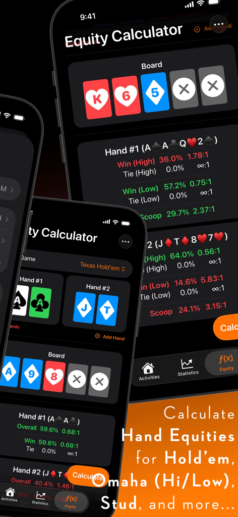 Nash Bankroll - Nash Bankrollアプリのポーカーエクイティ計算インターフェース。ホールデムとオマハのハンド勝率とオッズが表示されています