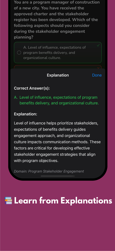 Detailed answer explanation screen in the PgMP Exam Practice mobile app