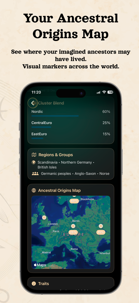 Ancestor Lens: Ancestry & DNA - Un teléfono inteligente que muestra la aplicación Ancestor Lens con un mapa de orígenes ancestrales y un desglose de etnicidad que muestra porcentajes nórdicos y europeos.