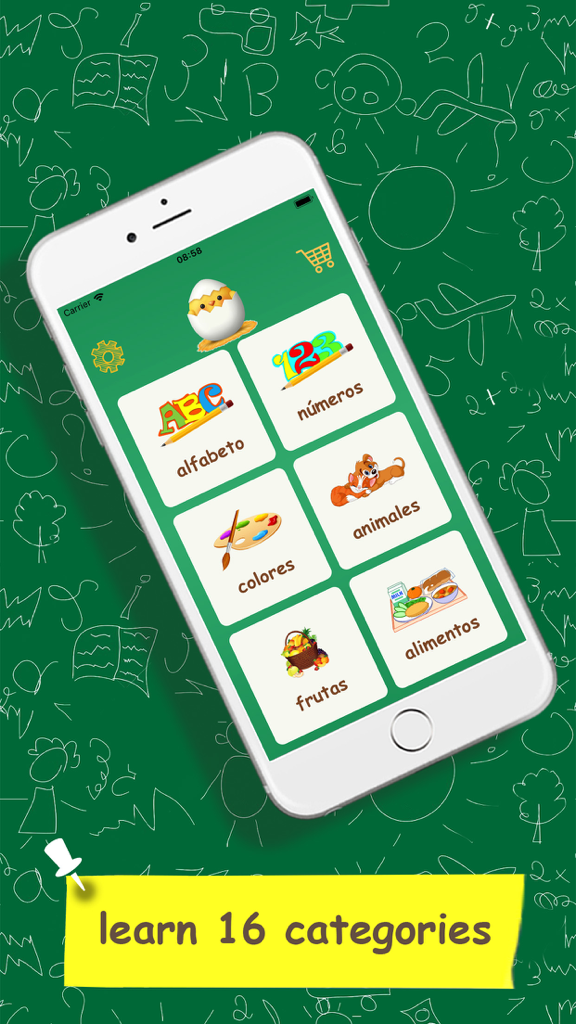 Learn Spanish For Children - Smartphone screen showing various Spanish learning categories for kids like alphabet and animals