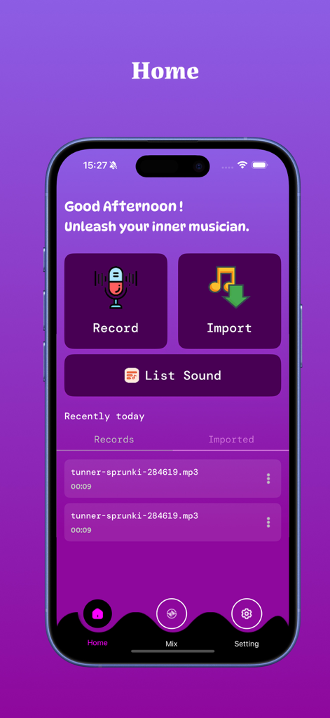 Doheto: Audio Editor - Pantalla de inicio de la aplicación Doheto Audio Editor con botones de grabación e importación para la creación de audio.
