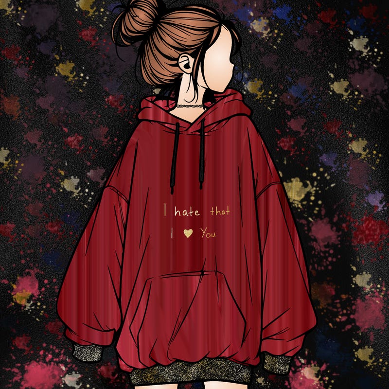 realistic girl with a oversized sweatshirt on and a bun