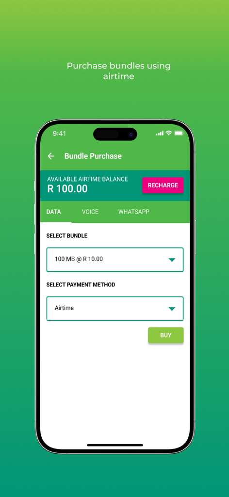 Old Mutual Connect - Old Mutual Connect app interface for purchasing data and voice bundles with airtime
