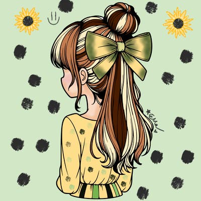 realistic girl  with hip length hair a bun and a big bow on the back of head
