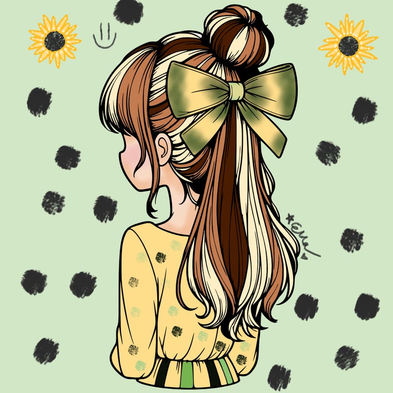 realistic girl  with hip length hair a bun and a big bow on the back of head