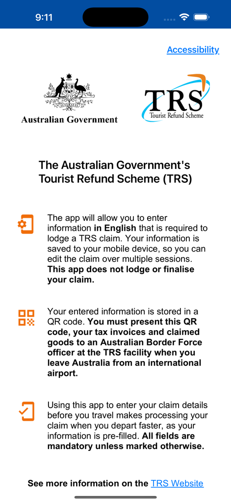 Tourist Refund Scheme - Pantalla de información de la aplicación del Esquema de Reembolso para Turistas detallando cómo reclamar reembolsos de impuestos en Australia.