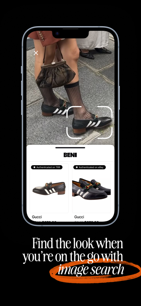 Beni app interface showing an image search for secondhand Gucci loafers on various marketplaces.