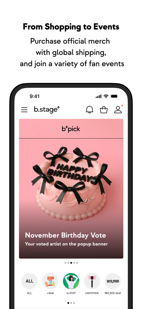 b.stage - Ein Screenshot der b.stage-App-Oberfläche, der Optionen zum Einkaufen offizieller Merchandise-Artikel und ein Banner für Fan-Abstimmungsereignisse zeigt.