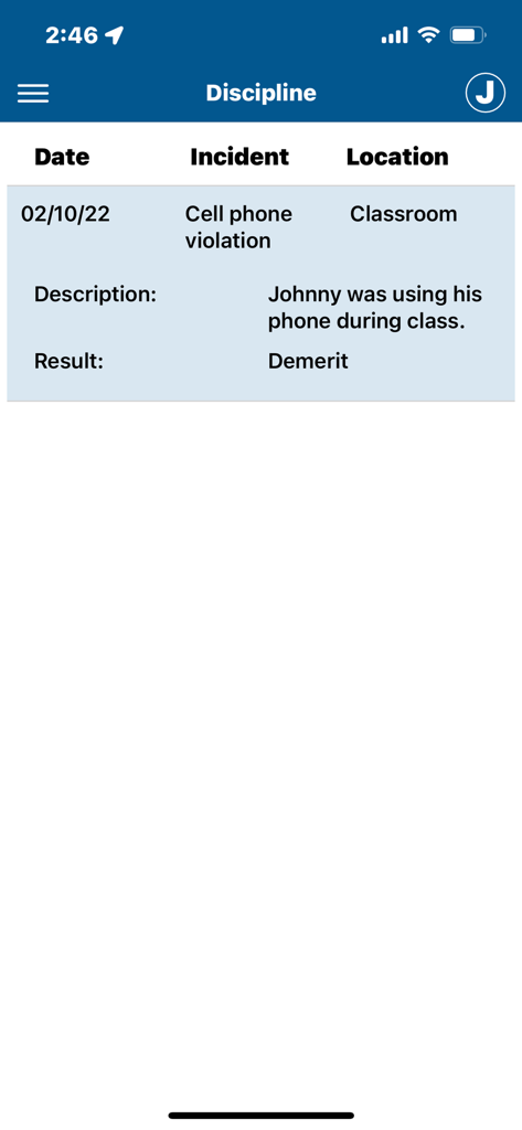 Gradelink Student/Parent App - Gradelink mobile app screen showing a student discipline report for a cell phone violation