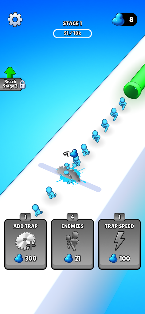 Gameplay screenshot showing a saw blade trap squishing blue enemies in Trap Master