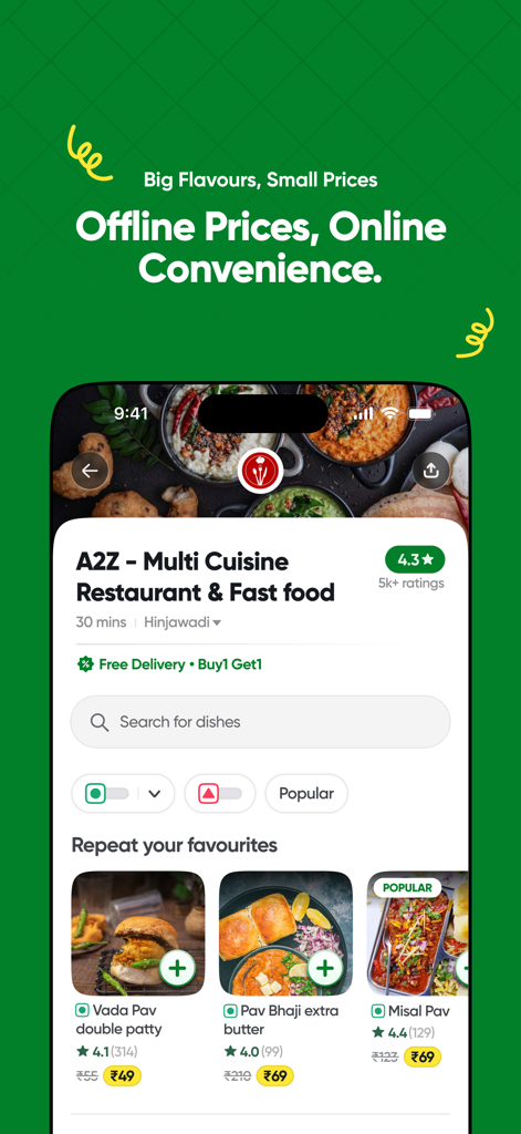 toing - Food Delivery - Oberfläche der toing Food-Liefer-App mit günstigen Snacks und Restaurantangeboten