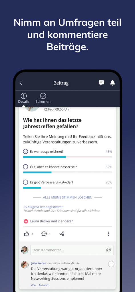 Ein mobiler Bildschirm, der eine Community-Umfrage und Benutzerkommentare in der beUnity App zeigt.