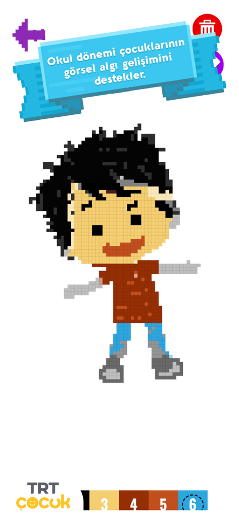 Un personaggio di un ragazzo pixelato nell'app TRT Pixel Coloring con un'interfaccia colora-per-numero in basso