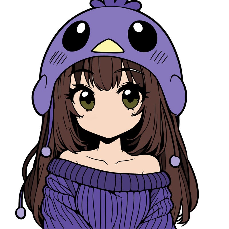 anime girl with chick shaped hat with sweater with bare shoulders with bangs covering them one eye with low tail