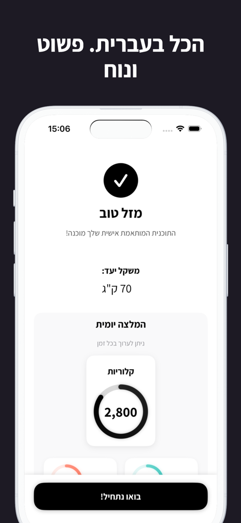 קאלז - Calz health app interface in Hebrew showing a personalized plan with a 2800 calorie daily goal and a target weight