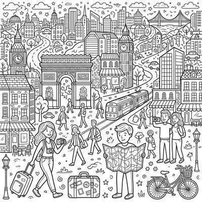 Dive into the vibrant energy of a city vacation with this intricate coloring page. Featuring bustling streets, iconic landmarks, and happy travelers, it's a perfect escape for your imagination.