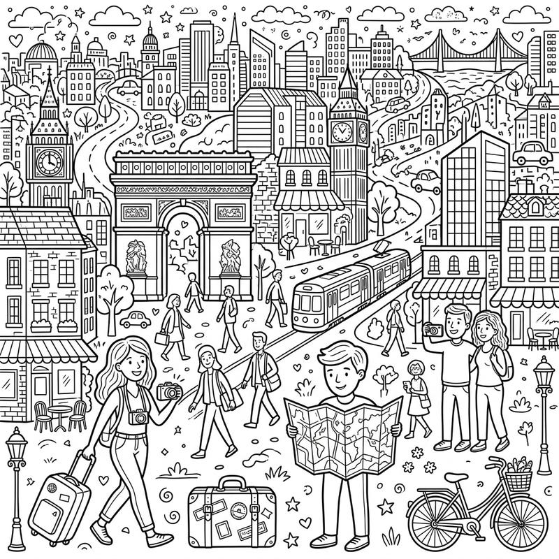 Dive into the vibrant energy of a city vacation with this intricate coloring page. Featuring bustling streets, iconic landmarks, and happy travelers, it's a perfect escape for your imagination.
