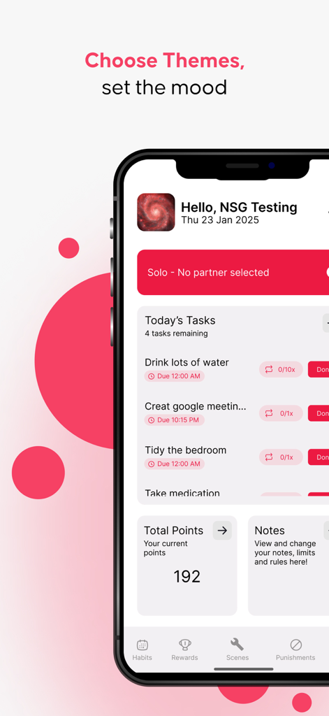 mysub: A BDSM Habit Tracker - The mysub app interface showing a daily task list, reward points, and customizable red theme for habit tracking.