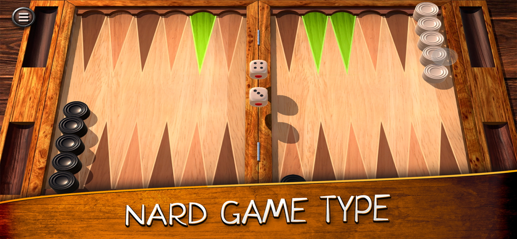 Backgammon (single game) - Un tablero de backgammon de madera realista que muestra la variante de juego Nard con fichas y dados blancos y negros