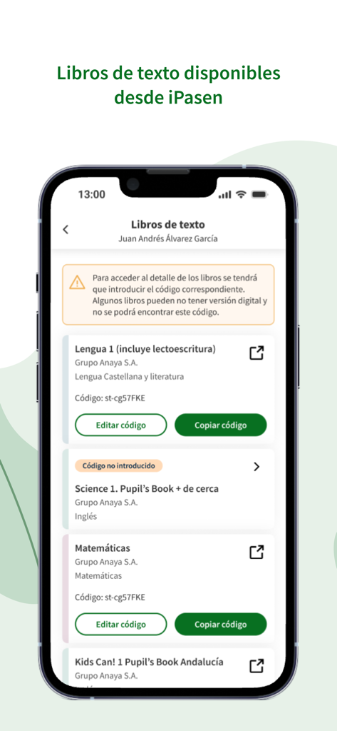 iPasen - List of school textbooks displayed in the iPasen app