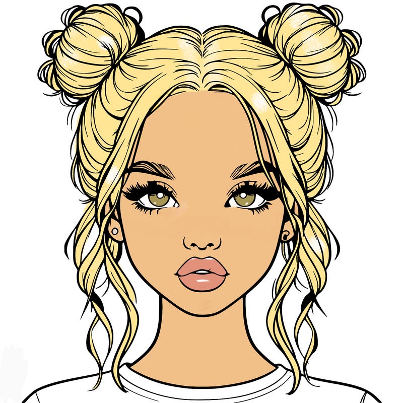realistic girl with two buns in hair and lips