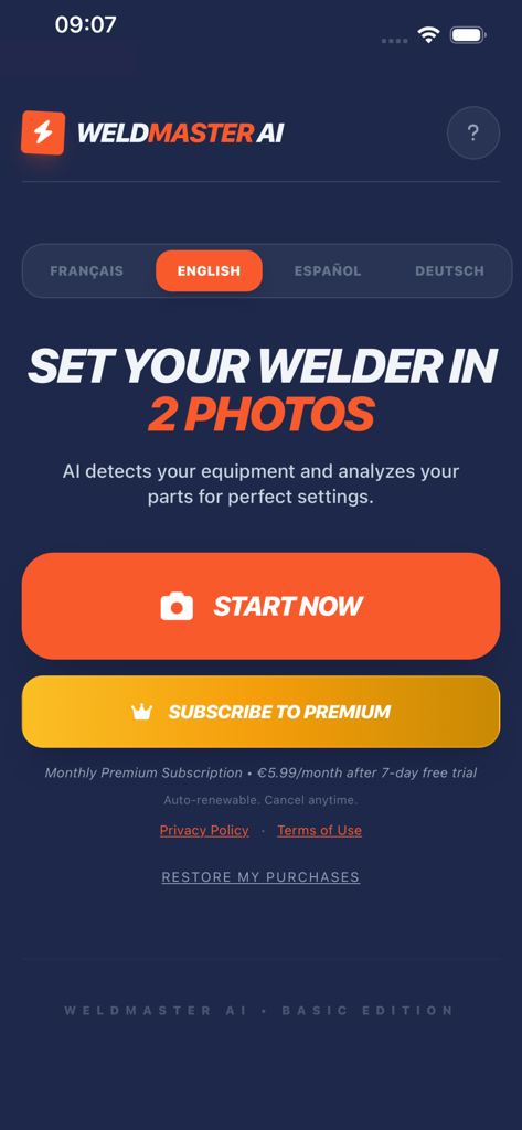 Weldmaster AI - Tela inicial do aplicativo Weldmaster AI apresentando um botão iniciar agora para configurar as configurações da máquina de solda usando duas fotos