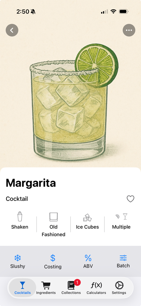 Detailseite für Margarita-Cocktailrezepte in der Bevnap-App mit Illustration und professionellen Rechnern
