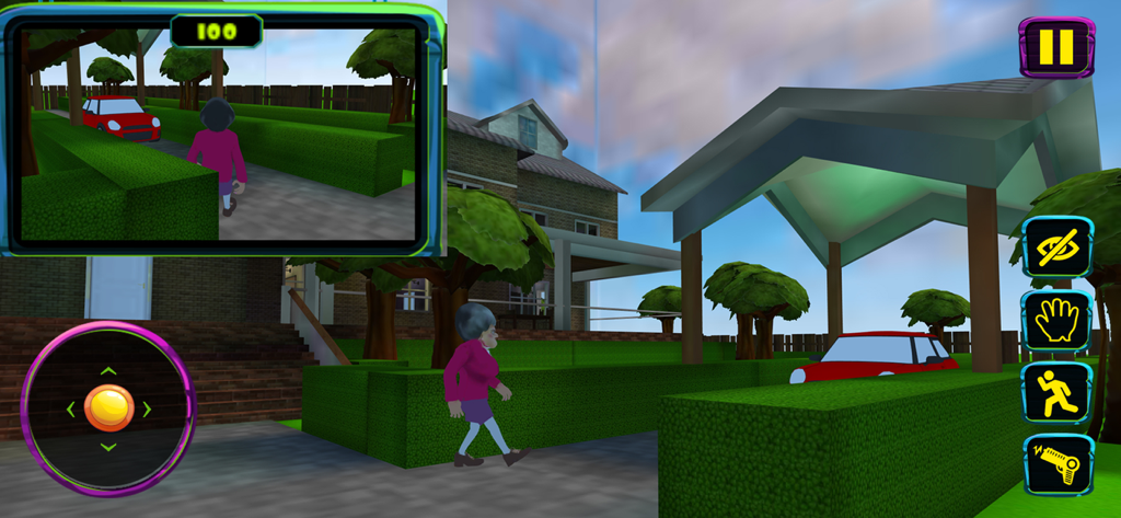 Scary Teacher 3D Gameplay, das die Figur Miss T zeigt, wie sie im Garten in der Nähe eines roten Autos spaziert