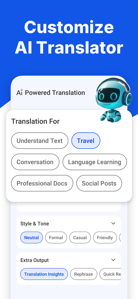 Bildschirm, der Anpassungsoptionen für den Ton und Zweck des KI-Übersetzers zeigt