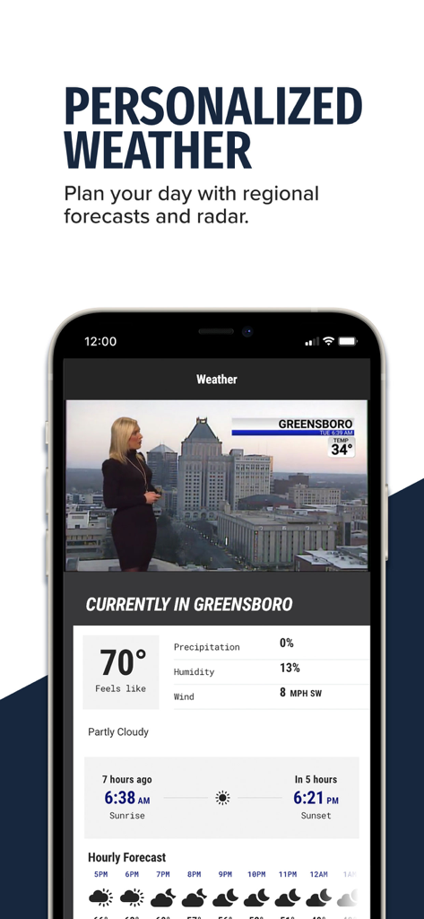 MyFOX8 - MyFOX8 app screenshot showing a personalized weather forecast for Greensboro with hourly details and a local reporter video.